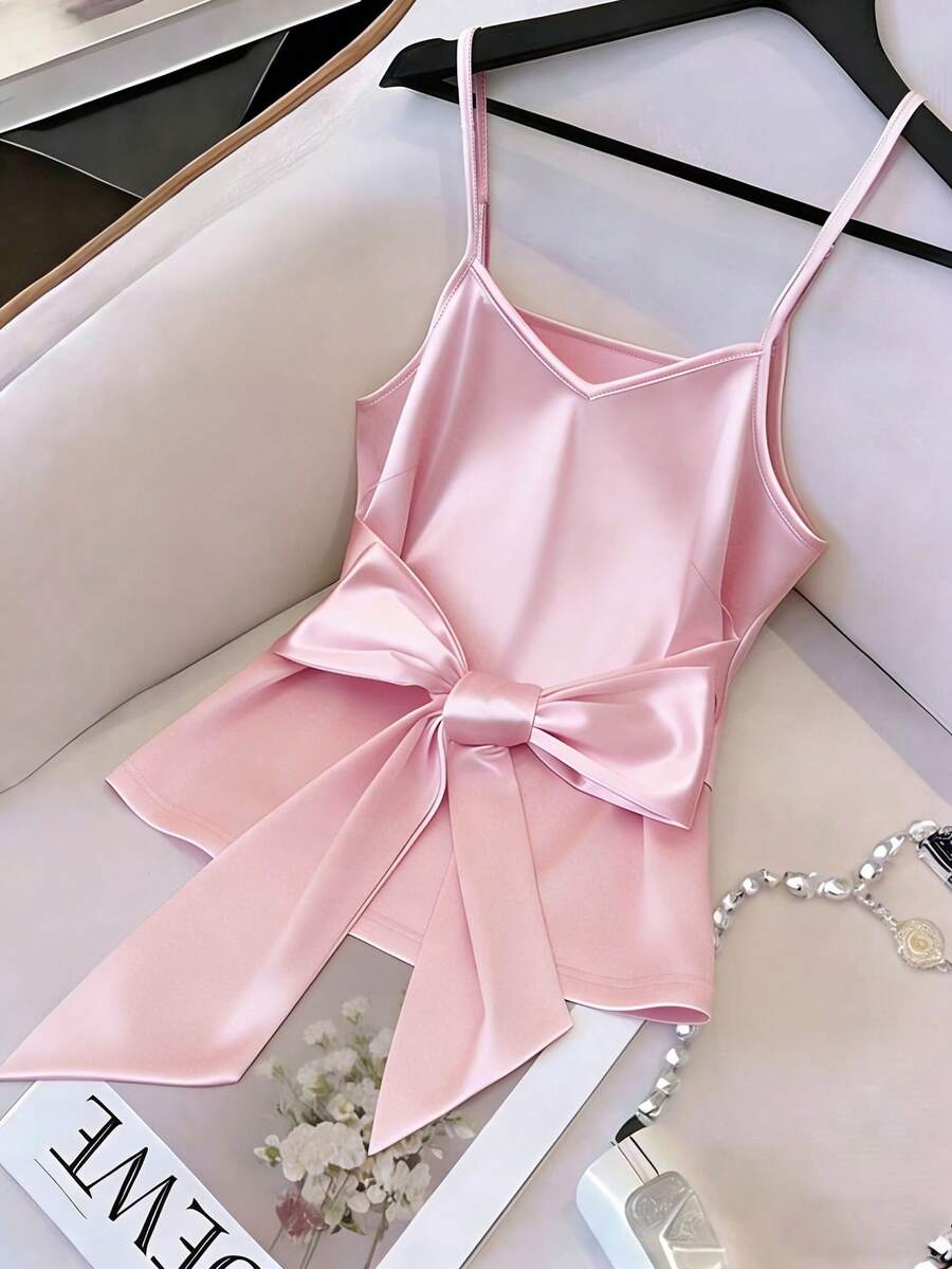 GlowEve Women's Fashion Camisole With Waist Bow Tie Design, Elegant For Daily, Vacation, Outing, Party, Spring/Summer - Pink - View 1