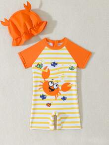 SHEIN GraphicGems Bộ áo tắm tay ngắn raglan kẻ sọc in hình cua cho bé trai đi nghỉ mát, kèm quần short. - trái cam - Xem 3