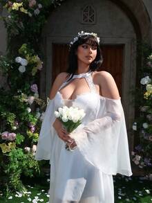 Lyrianda 法式复古柔软雪纺薄纱小众优雅新娘婚纱，露肩、V领、挂脖、无袖披肩，搭配同色蕾丝拼接优雅婚纱，白色 - 白色 - 查看 5