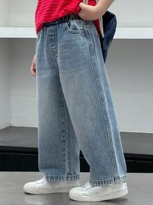 DAZY Young Boy Elastic Waist Pocket Loose Wide Leg Casual Jeans - Blue - View 3