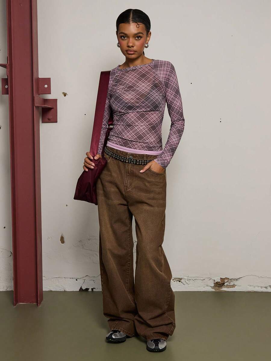 COUREZ 长袖格纹网纱上衣 / Y2K 冬季外出穿搭 性感外出穿搭 夜间外出穿搭 性感 - 摩卡棕 - 查看 1