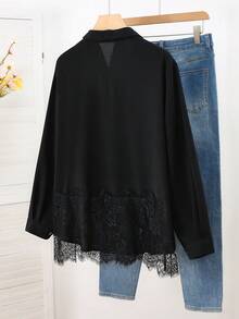 Modelyn Elegant Solid Color Long Sleeve Hem Ruffle Decor Fitted Plus Size Blouse, Spring/Autumn - Black - View 2
