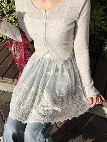 FRIFUL 女款純色蕾絲刺繡透視優雅時尚校園風裙 - 杏色 - 查看 7