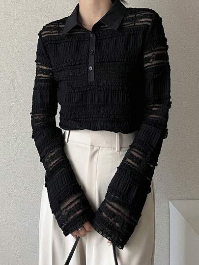 FRIFUL 女士休闲纯色褶裥前开襟纽扣长袖衬衫，秋季