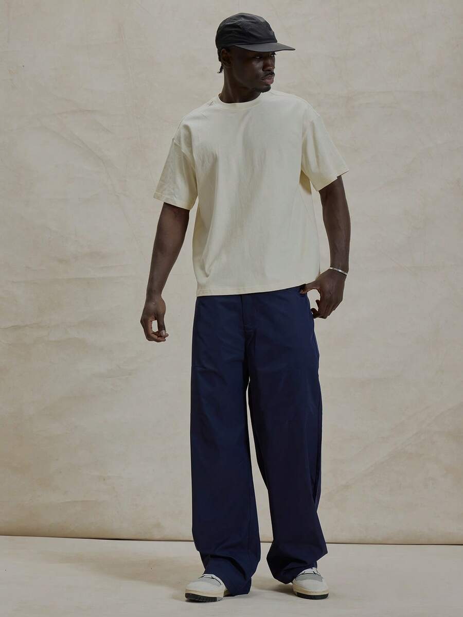 Wide Leg Baggy Style Nylon Basic Trouser Pant Button Up Belt Loop Detailing Winter Essentials - Navy Blue - View 1