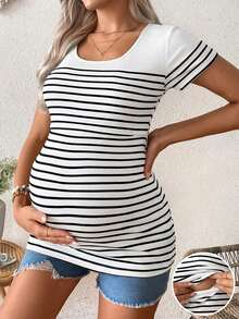 SHEIN Maternity Casual Striped Short Sleeve Fitted Nursing T-Shirt, Summer - Multicolor - View 5