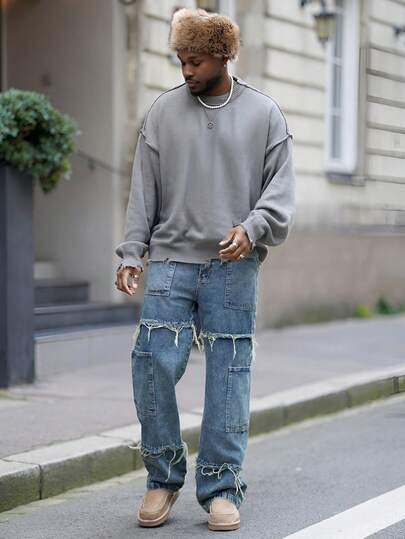 Heavens Edit Grunge Goth Y2K Style Fashion Casual Fringe Young Street Chic College Sports Loose Straight Wide Leg Versatile Casual Men Jeans Pants