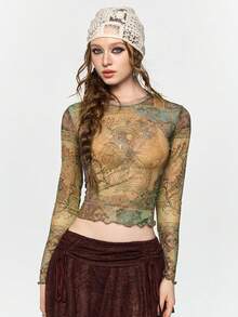 ROMWE Hippie Áo thun nữ phong cách cổ điển Fairycore in họa tiết vintage - Nhiều màu - Xem 8