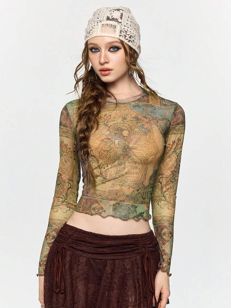 ROMWE Hippie Áo thun nữ phong cách cổ điển Fairycore in họa tiết vintage - Nhiều màu - Xem 8