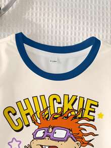 Nick 90s | SHEIN Áo thun ngắn tay cổ tròn in hình hoạt hình phối màu tương phản cho bé trai, thích hợp mặc mùa hè. - trắng - Xem 4