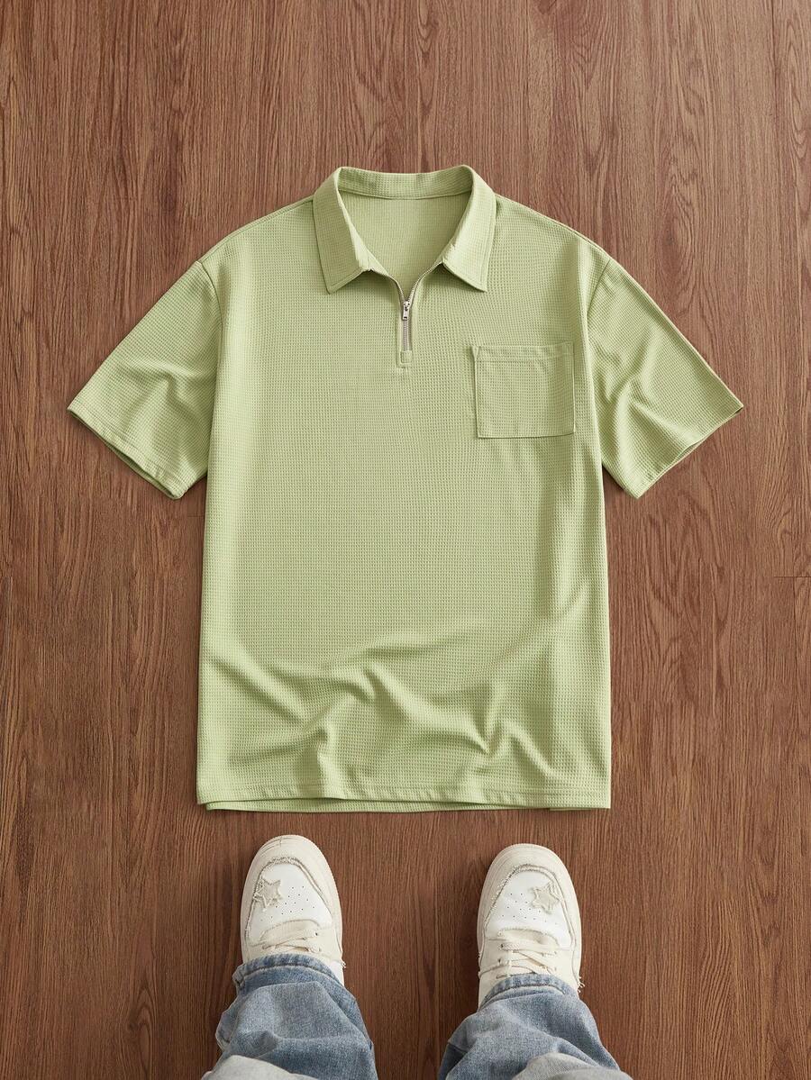 SWAVVY 男士宽松四分之一拉链口袋拼接落肩 Polo 衫 男士 Polo 衫 男士 T 领 T 恤 男士高尔夫球衫 男士短袖拉链 Polo 衫 - 綠色 - 查看 1