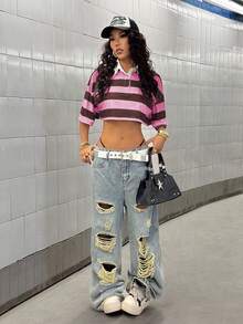 StreetHx Áo polo tay ngắn nữ mùa xuân/hè kẻ sọc xanh hải quân và vàng phong cách đường phố thường ngày, thích hợp đi làm. - Nhiều màu - Xem 6