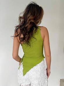 RebeccaVibe 女士夏季度假米色针织提花纹理单肩修身下摆开衩抽绳褶饰吊带背心，适合派对、约会、情人节、复活节、狂欢节、下午茶、海滩、游轮、城市度假 - 綠色 - 查看 2