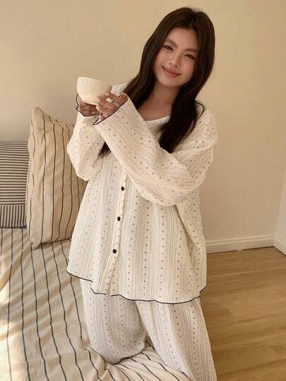 Dazy Plus Plus Size Women Long Sleeve Single-Breasted Top And Pants Pajama Set