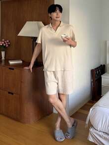 DAZY Summer Short Sleeve Polo Shirt Paired With Shorts Apricot Color Men Pajama Set - Apricot - View 7