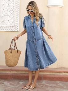 Selianne Women's Casual Vacation & Commute Notch Neck Pleated Loose Denim Dress, Summer - Medium Wash - View 5