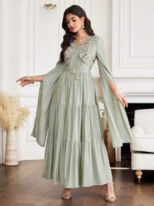 Yasmyna 女士亮片系带流苏设计超长袖褶皱休闲派对阿拉伯蛋糕裙 - 杏色 - 查看 3