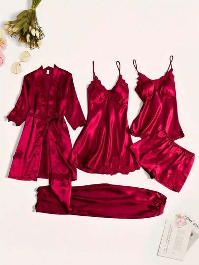 Conjunto de pijama sexy para mujer, pantalones cortos de encaje, tirantes Conjunto de 5 piezas de seda helada para dormir