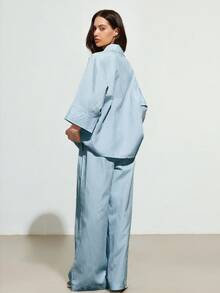 Aveloria Affinna Women's Casual Striped Loose Shirt And High Waist Wide Leg Pants 2 Pieces Set - Mint Blue - View 2