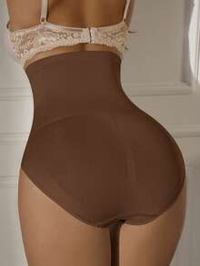 1pc Seamless High Waist Abdomen Control Waist Lifting Shaping Briefs With Front Opening Hook - Coffee Brown - View 2