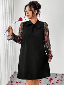 Elenzga Vestido maxi de mujer talla grande con bloque de color de malla floral, cuello en V con lazo, puños con volantes, decoración con cuentas, adecuado para uso diario, Día de San Valentín, fiesta, vestimenta de noche, otoño/invierno - Negro - Ver 1