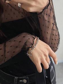 FRIFUL Women's Polka Dot Sheer Mesh Layered Trim Slim Fit Blouse, Suitable For Spring - Black - View 6