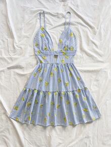 Soleia Đầm ngắn in hình chanh nhiều màu sắc dành cho nữ, thích hợp cho kỳ nghỉ. - Màu xanh lam - Xem 5