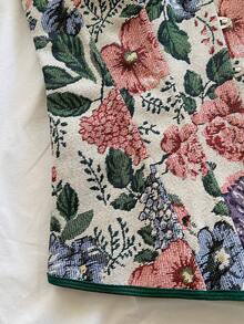 Soleia Áo croptop quây ngực kiểu cung đình cổ điển dành cho nữ, in họa tiết hoa jacquard nhiều màu sắc, có cúc và dây buộc phía sau. - Màu be - Xem 4