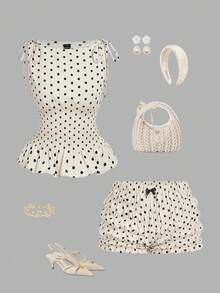 SHEIN MOD Women's Contrast Polka Dot Print Sleeveless Top And Shorts 2 Pieces Set, Valentine's Day Outfit, Spring/Summer, Date Outfit, Beach Outfit, Summer Vacation Outfits, Casual Women Outfits, Polka Dot, Going Out Set, Tea Party Outfit Women, Back To School, 90s Outfit, Party Outfits, Tea Party Outfit - Apricot - View 2