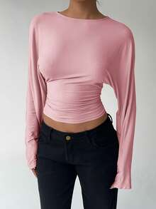 Aloruh Women's Autumn/Winter Bat Wing Long Sleeve Fitted T-Shirt - Pink - View 5