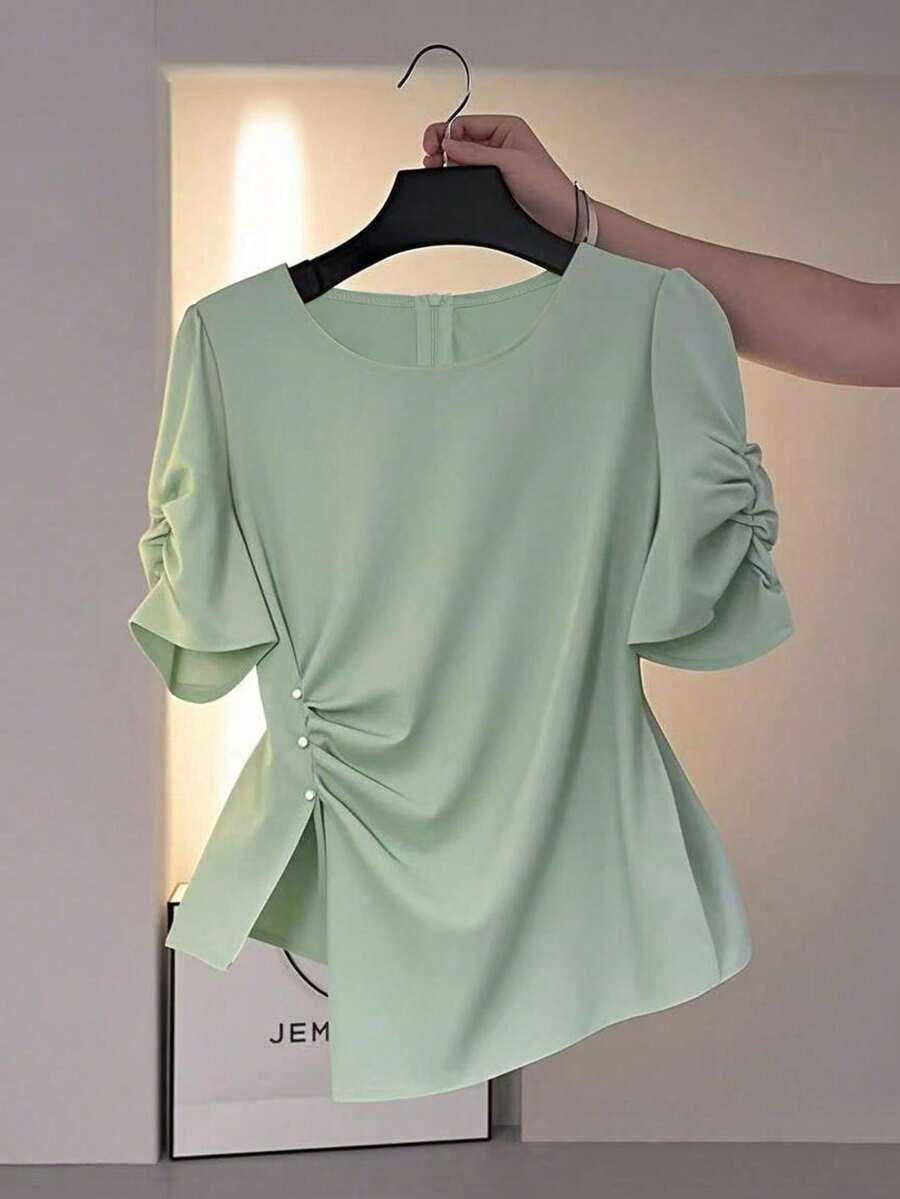 Franclia Elegant Women Asymmetrical Design Round Neck Shirt - Cadet Blue - View 1