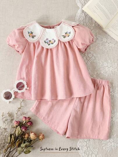 Cozy Pixies Baby Girl Floral Print Ruffle Trim Round Neck Short Sleeve Dress,Spring To Summer