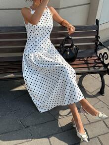 Cévolie 女士时尚休闲波点印花无袖连衣裙 - 黑與白 - 查看 7