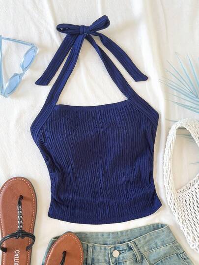 SHEIN Tween Girls' Fitted Casual Minimalist Comfortable Textured Fabric Halter Neck Tank Top