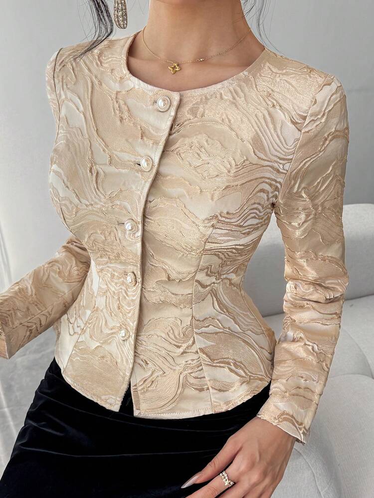 Women's Elegant Floral Textured Round Neck Lightweight Jacket, Spring,Wedding Guest Dress Women