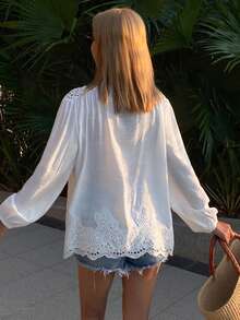 Livesso Lace Patchwork Loose Casual Women Shirt - White - View 2