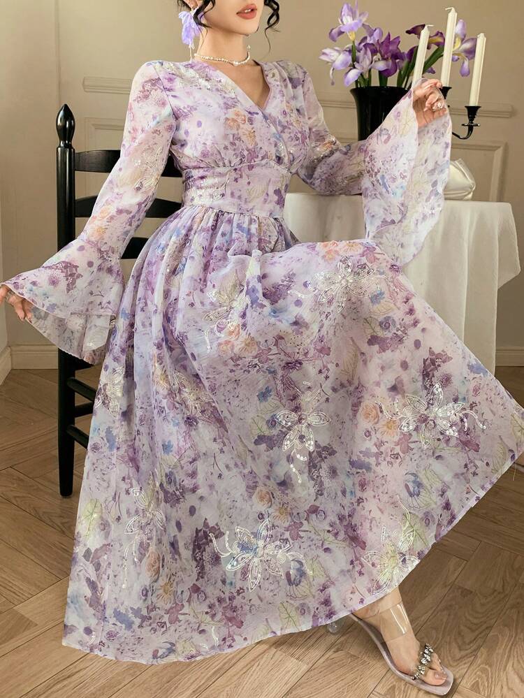 Flare Sleeve Vacation Allover Print Elegant Waist Midi Dress For Women Sundress