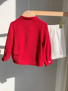 SHEIN 2pcs/Set Baby Boy Baby Boy Spring/Summer Fashion Casual Red Long Sleeve Woven Shirt And White Shorts Outfit Baby Boy Burgundy Clothes Baby Boy Red Shirt - Burgundy - View 2