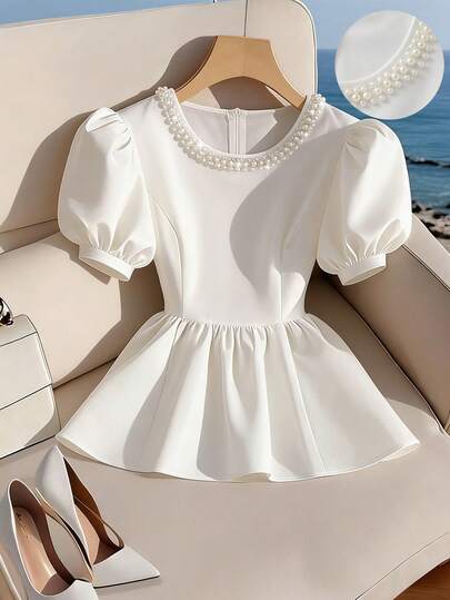 SHEIN Franclia Women's Elegant Collared Pearl Decor Puff Sleeve Cinched Waist A-Line Blouse, Suitable For Spring/Summer Outings And Dates