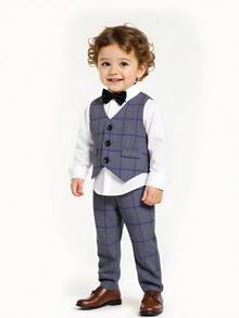Bộ 2 món áo vest kẻ caro và quần cạp chun cho bé trai, thích hợp cho tiệc sinh nhật, lễ rửa tội, lễ kỷ niệm sinh nhật lần thứ nhất, tiệc chiêu đãi, biểu diễn, đám cưới, lễ báp têm và các dịp khác. - Xám - Xem 4