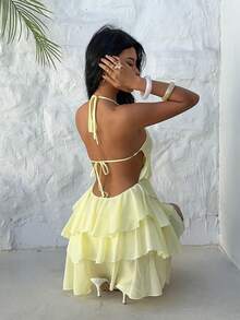 Aloruh Women's Elegant Sexy Fashionable Romantic Date/Graduation/Party Layered Ruffle Halter Backless Tie Strap Mini Dress, Light Yellow, Spring/Summer - Light Yellow - View 3