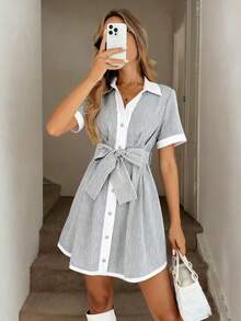 INAWLY 女士优雅条纹撞色白色领口开襟系带腰身喇叭下摆迷你连衣裙 - 灰色 - 查看 1