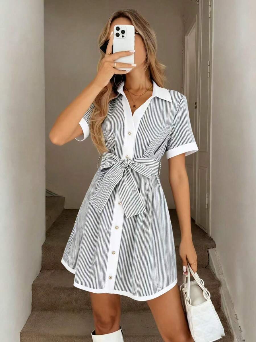INAWLY 女士优雅条纹撞色白色领口开襟系带腰身喇叭下摆迷你连衣裙 - 灰色 - 查看 1
