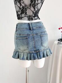 Elamini 女士时尚牛仔裙，纽扣腰部设计，荷叶边裙摆 - 藍色 - 查看 2