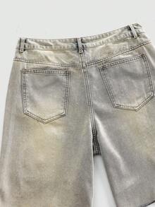 ROMWE MEN Men's Distressed Rhinestone Washed Frayed Hem Denim Shorts - Yellow - View 5