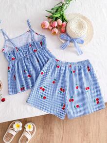SHEIN 2pcs/Set Teens Girls' Fashion New Spring/Summer Casual Chiffon Bubble Crepe Cherry Digital Print Camisole Top And Digital Print Elastic Waist Shorts Vacation Outfit - Baby Blue - View 2