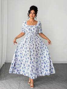 Elenzga 大码女式方领泡泡袖系腰喇叭下摆印花连衣裙，优雅户外穿着 - 藍色 - 查看 4