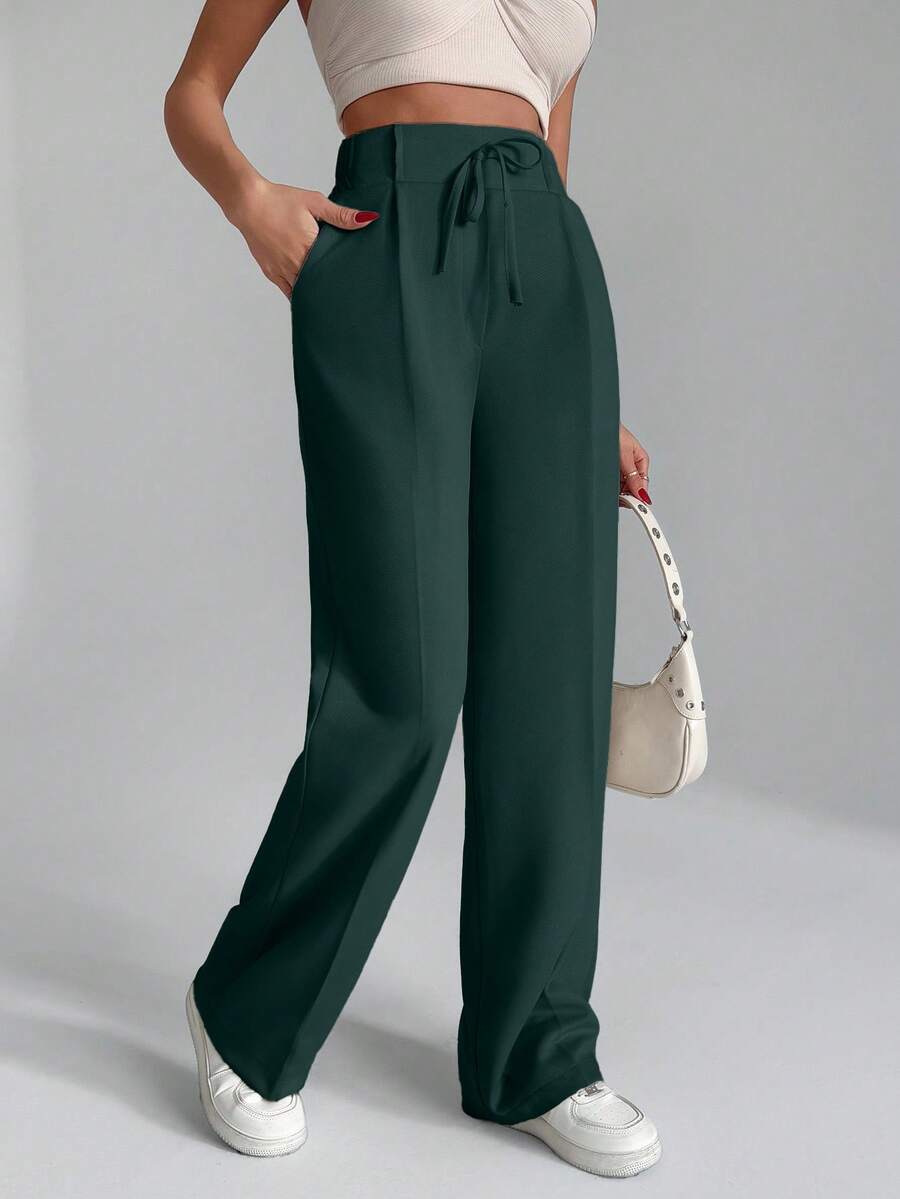 EURMUSE Women Solid Color Wide Leg Tie Front Detailed Pants - Green - View 1
