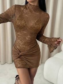 SHEIN PETITE Burgundy Sexy See-Through Lace Mini Dress, Suitable For Daily Dating, Night Out, Nightclubs, Parties, Get-Togethers, Cocktail Parties, Pool Parties, Autumn/Winter Brown Elegant Dress Women Brown Sexy Dress Slay Diva Dress Coffee Brown Dress Long Sleeve Elegant Dress - Chocolate Brown - View 3
