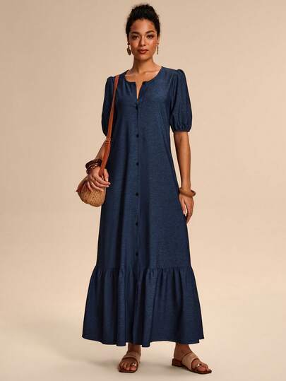 Breezaya Women's Denim Effect Fabric Open Front Split Hem Design Elegant Minimalist Blue Long Sleeve Dress